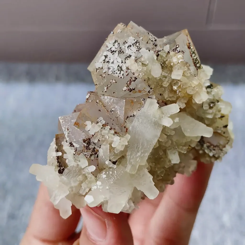 Natural Cubic Fluorite with Pyrite and Quartz Symbiosis  comes from Inner Mongolia,China 70*55*40MM - image 2