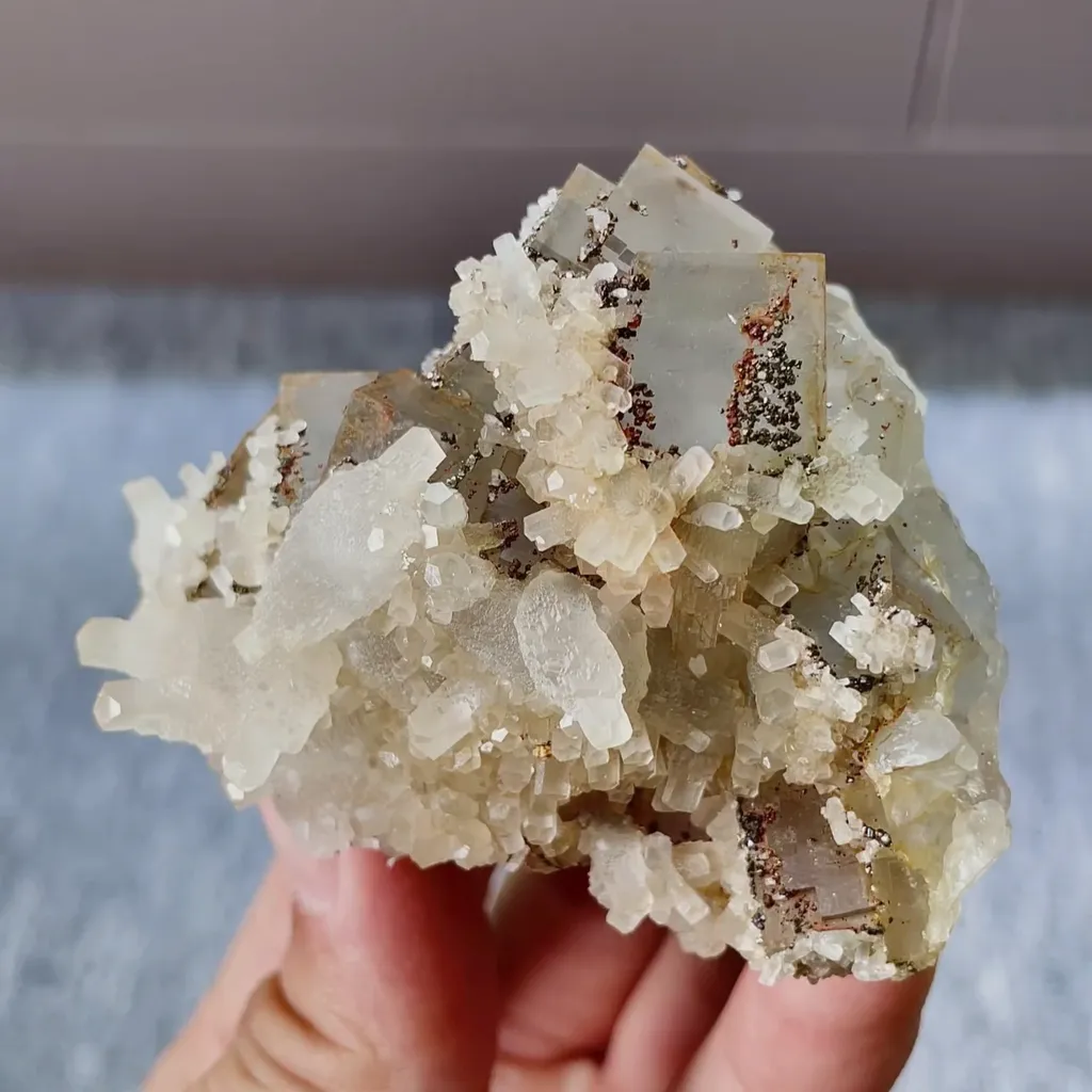 Natural Cubic Fluorite with Pyrite and Quartz Symbiosis  comes from Inner Mongolia,China 70*55*40MM image