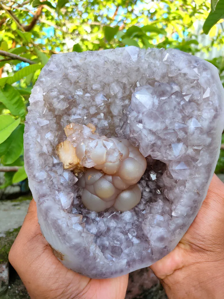 Natural Fluorite with Calcite in Amethyst Geode natural mineral Specimen - image 6
