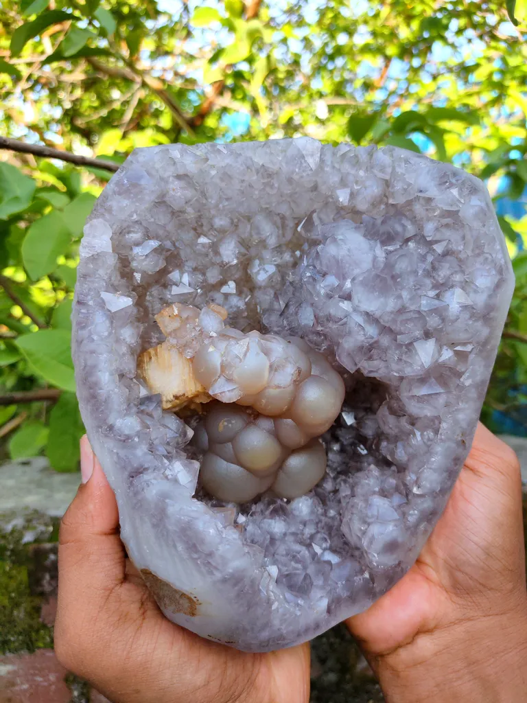 Natural Fluorite with Calcite in Amethyst Geode natural mineral Specimen - image 2