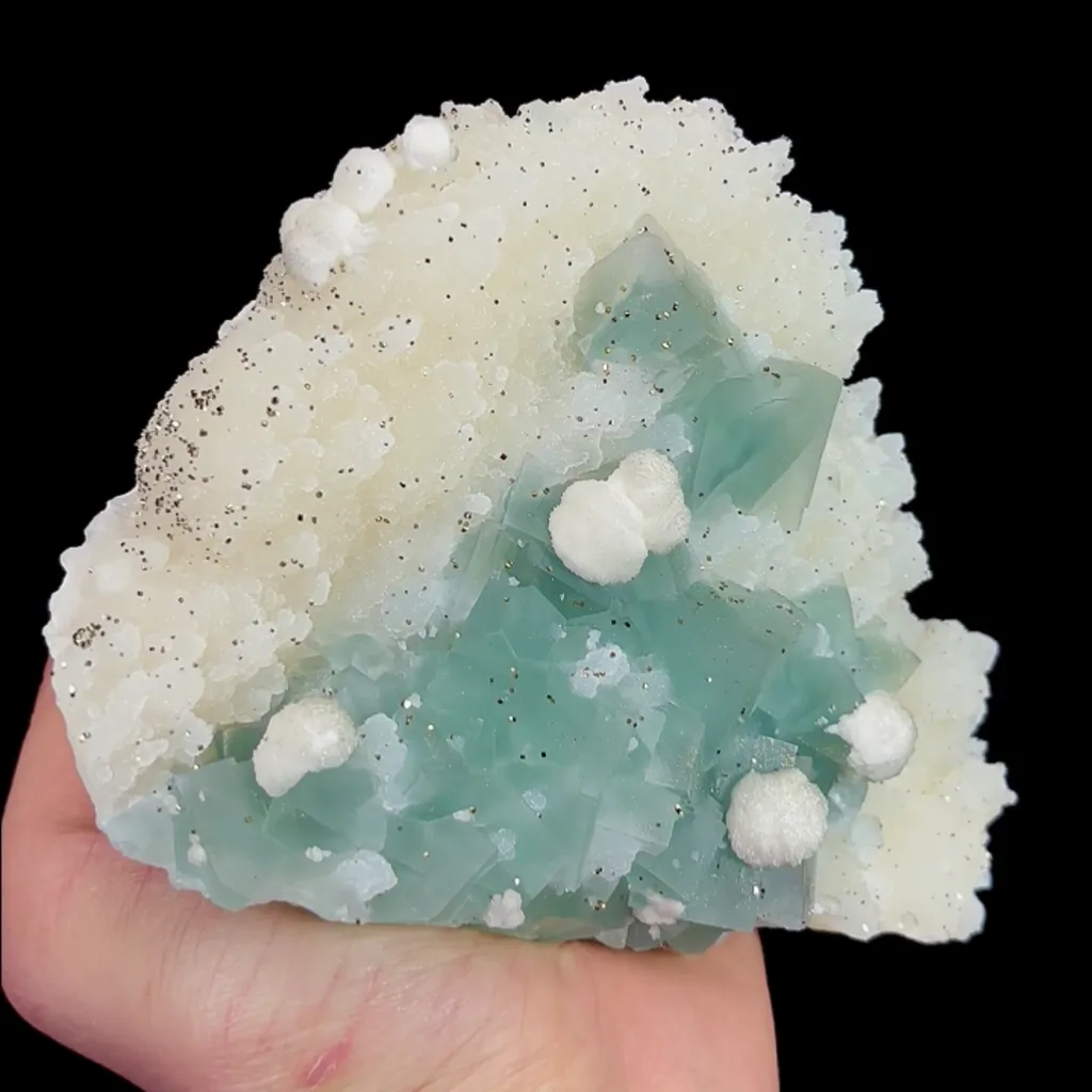 Natural Green Cubic Fluorite with Pyrite and Calcite, Mineral Specimen:Manaoshan,Hunan (145*110*65MM) image