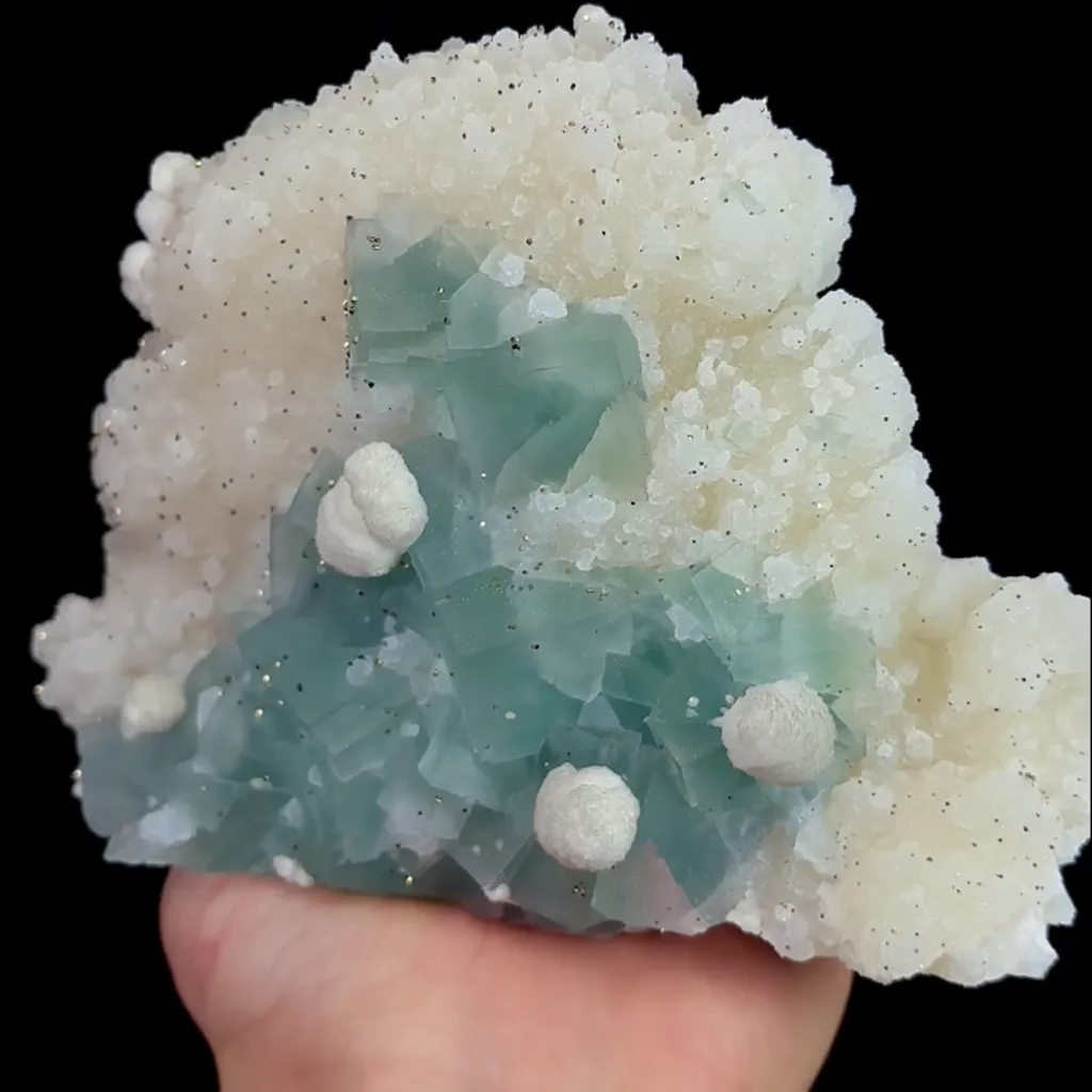 Natural Green Cubic Fluorite with Pyrite and Calcite, Mineral Specimen:Manaoshan,Hunan (145*110*65MM) - image 4