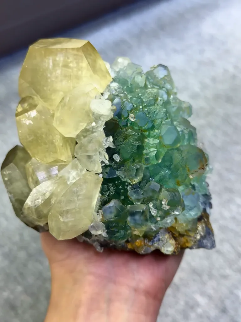 Natural Green Fluorite and Mercedes-Benz Calcite Coexist comes from Fujian,China 150*100*85MM - image 5