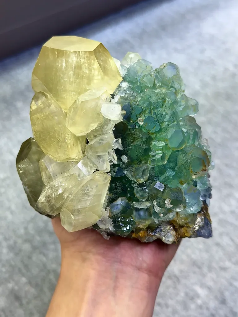 Natural Green Fluorite and Mercedes-Benz Calcite Coexist comes from Fujian,China 150*100*85MM - image 6