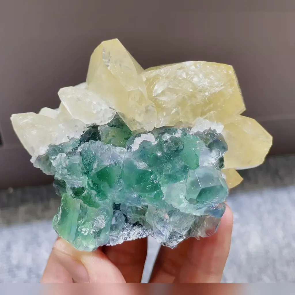 Natural Green Fluorite and Yellow Calcite Symbiosis comes from Fujian,China 85*65*70MM image