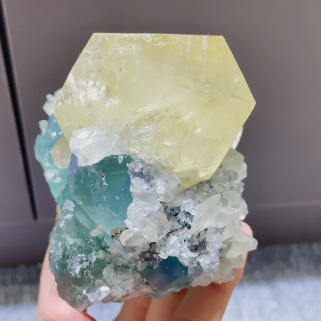 Natural Green Fluorite and Yellow Calcite Symbiosis comes from Fujian,China 90*70*85MM image