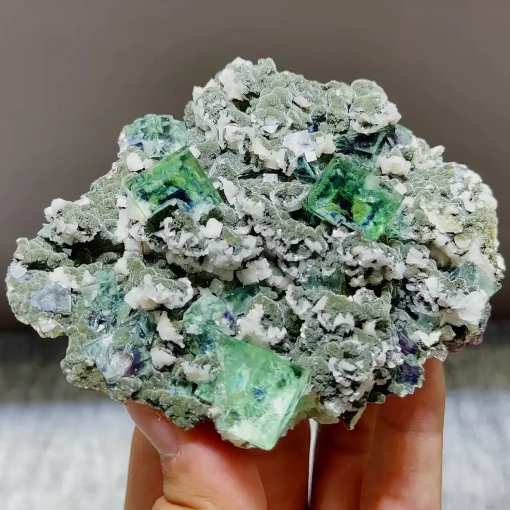 Natural Green Phantom Fluorite and Calcite Symbiosis comes from Yindu,Inner Mongolia 95*85*70MM image