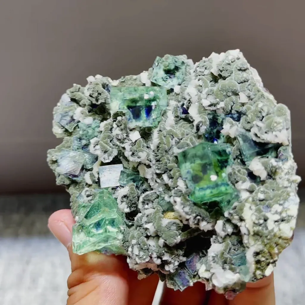 Natural Green Phantom Fluorite and Calcite Symbiosis comes from Yindu,Inner Mongolia 95*85*70MM - image 2