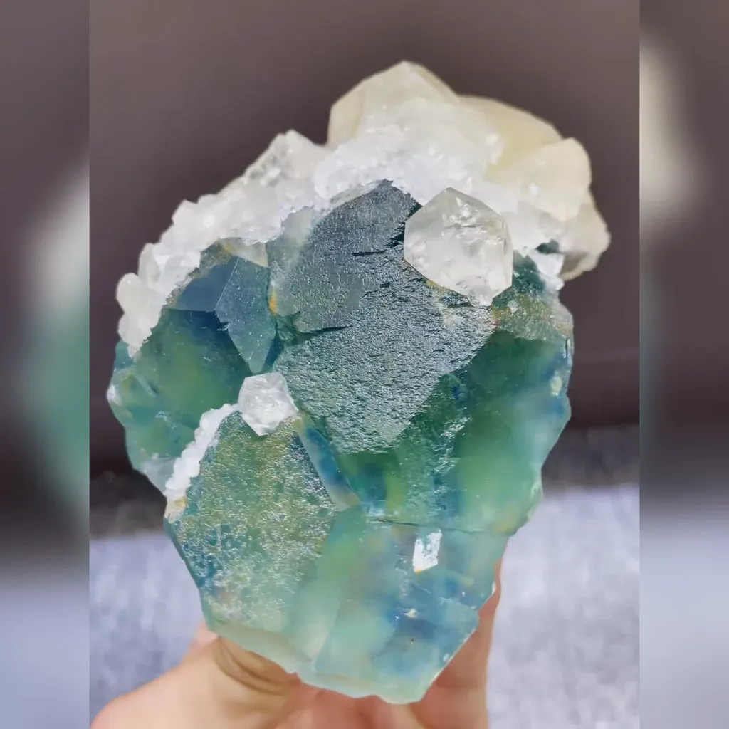 Natural Green Phantom Fluorite and Yellow Calcite Symbiosis comes from Fujian,China 70*70*120MM - image 2