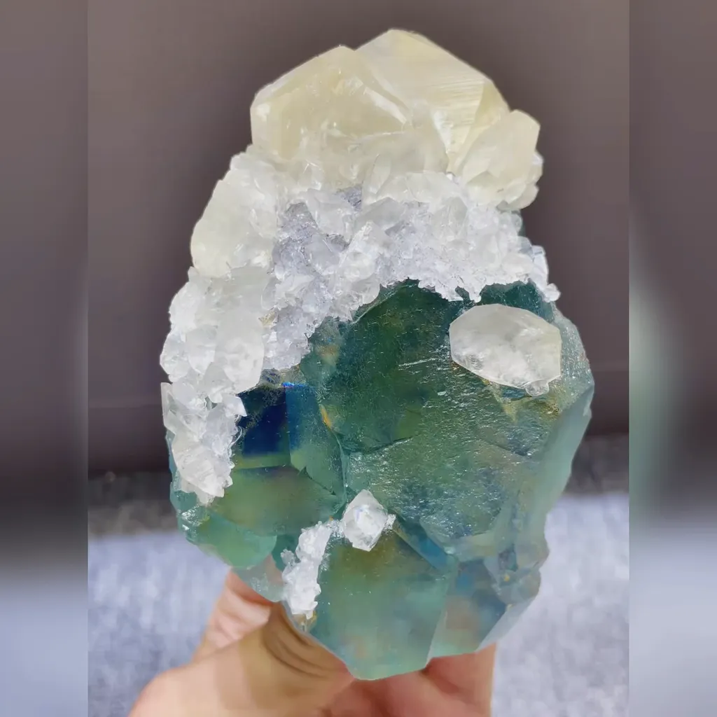 Natural Green Phantom Fluorite and Yellow Calcite Symbiosis comes from Fujian,China 70*70*120MM image