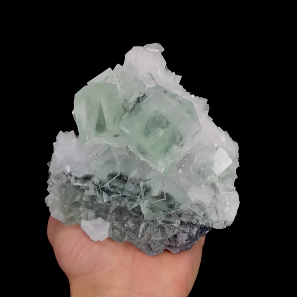 Natural Green Transparent Cubic Fluorite and Clear Quartz Cluster, Mineral Specimen:Zhejiang,China (120*125*80MM) image