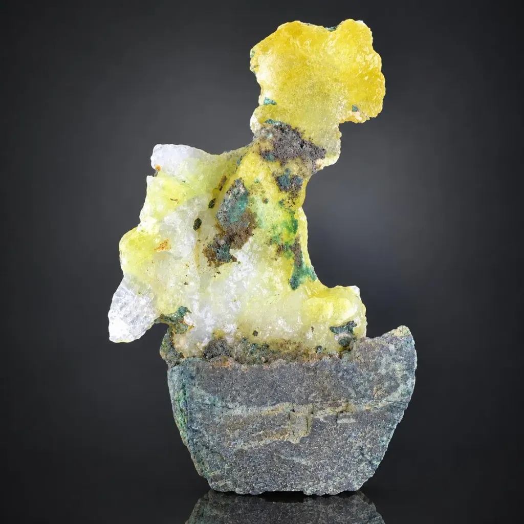 Natural Lemon Yellow Brucite with Blue copper on Matrix from Pakistan image