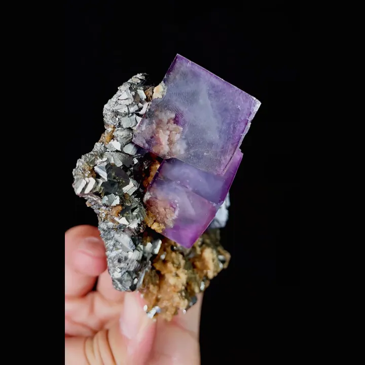 Natural Purple Cubic Fluorite and Arsenopyrite, Mineral Specimen:Yaogangxian,Hunan (65*115*35MM) - image 4