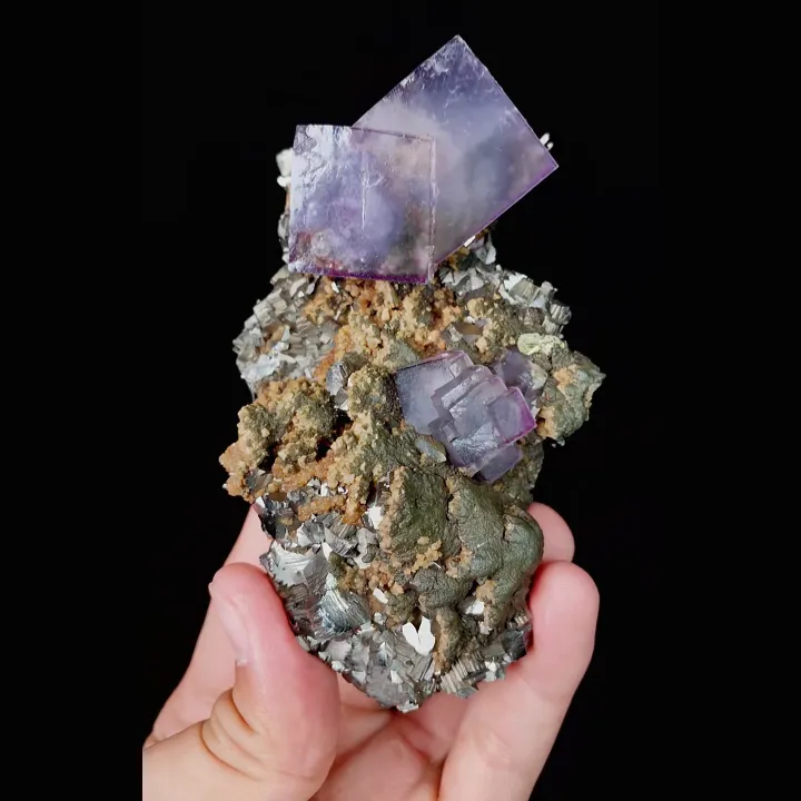 Natural Purple Cubic Fluorite and Arsenopyrite, Mineral Specimen:Yaogangxian,Hunan (65*115*35MM) - image 5