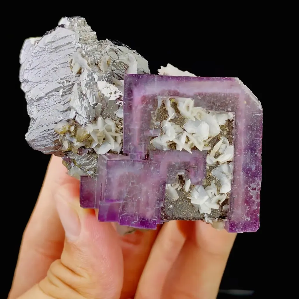 Natural Purple Cubic Fluorite and Calcite and Arsenopyrite Symbiosis comes from Yaogangxian,Hunan 50*50*65MM - image 3