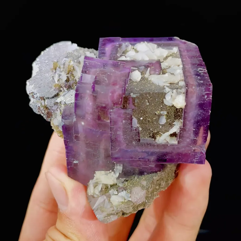 Natural Purple Cubic Fluorite and Calcite and Arsenopyrite Symbiosis comes from Yaogangxian,Hunan 50*50*65MM - image 4