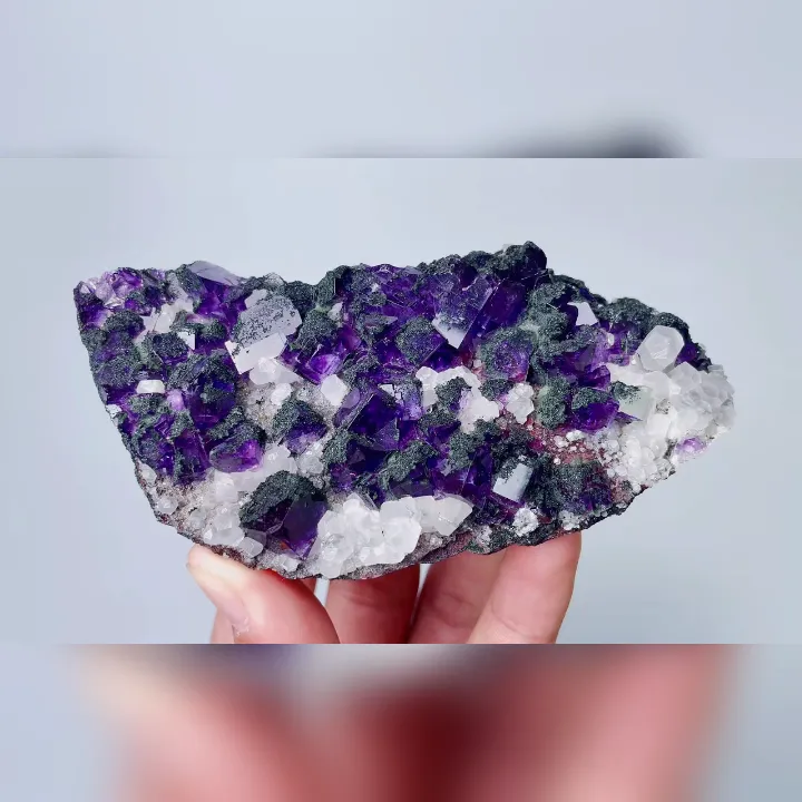 Natural Purple Cubic Fluorite & Epidote and Calcite, Mineral Specimen: Fujian,China (115*55*20MM) - image 3