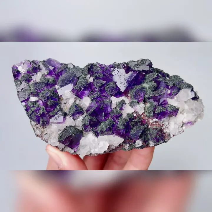 Natural Purple Cubic Fluorite & Epidote and Calcite, Mineral Specimen: Fujian,China (115*55*20MM) image