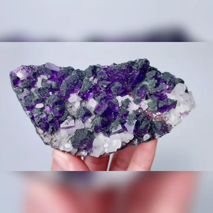 Natural Purple Cubic Fluorite & Epidote and Calcite, Mineral Specimen: Fujian,China (115*55*20MM) - image 5