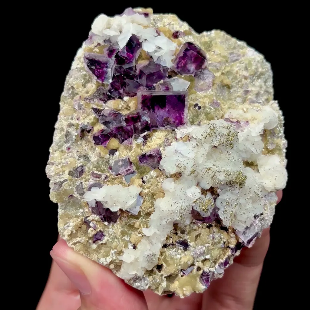 Natural Purple Cubic Fluorite with Calcite and Pyrite Mineral Specimen,High Quality Specimen,INNER MONGOLIA,CHINA(69*80*25mm) image