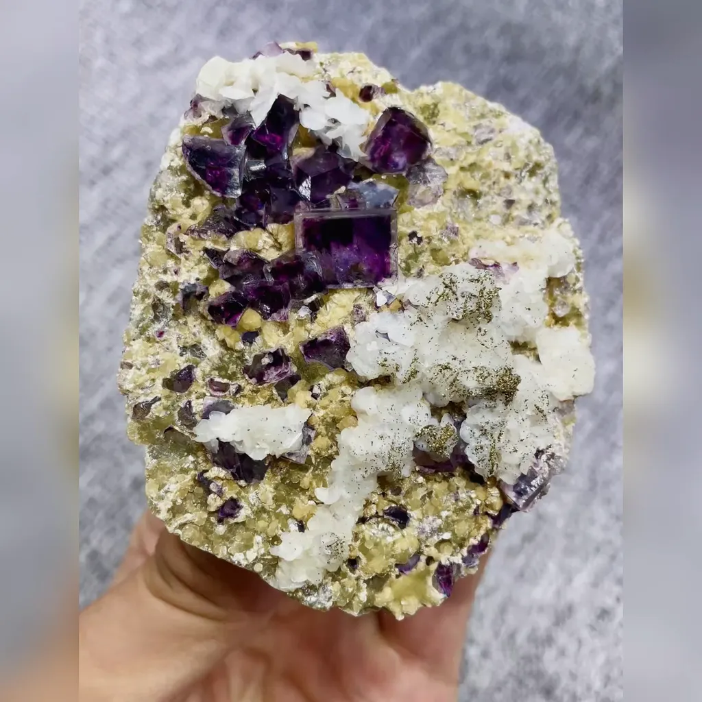 Natural Purple Cubic Fluorite with Calcite and Pyrite Symbiosis comes from Inner Mongolia,China 69*80*25MM image