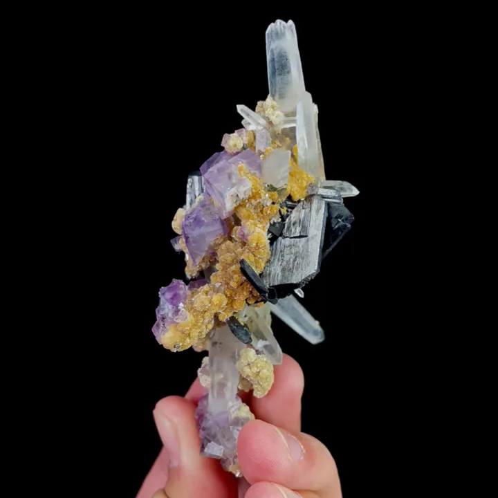 Natural Purple Cubic Fluorite with Quartz and Wolframite, Mineral Specimen:Yaogangxian,Hunan (50*95*40MM) image