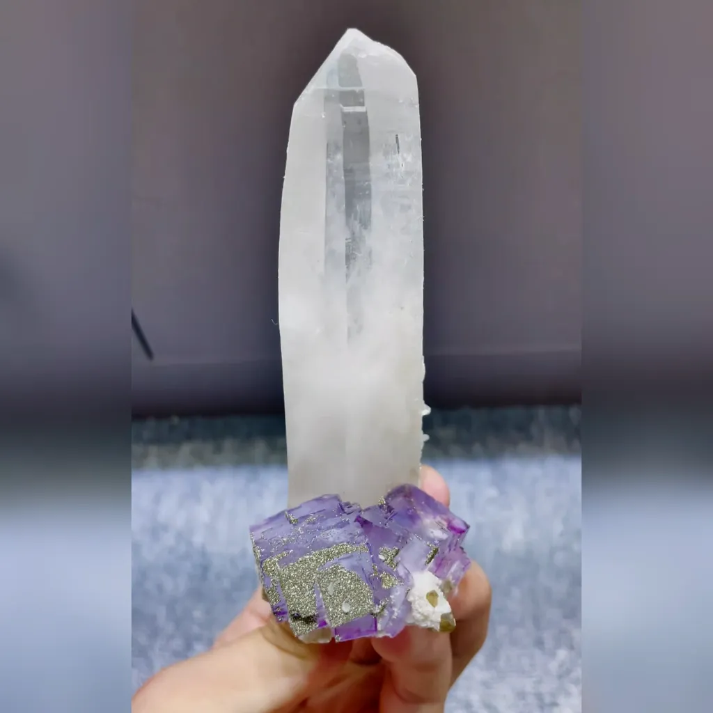 Natural Purple Fluorite and Pyrite and Clear Quartz Towers Symbiosis comes from Yaogangxian,Hunan 45*50*125MM - image 3