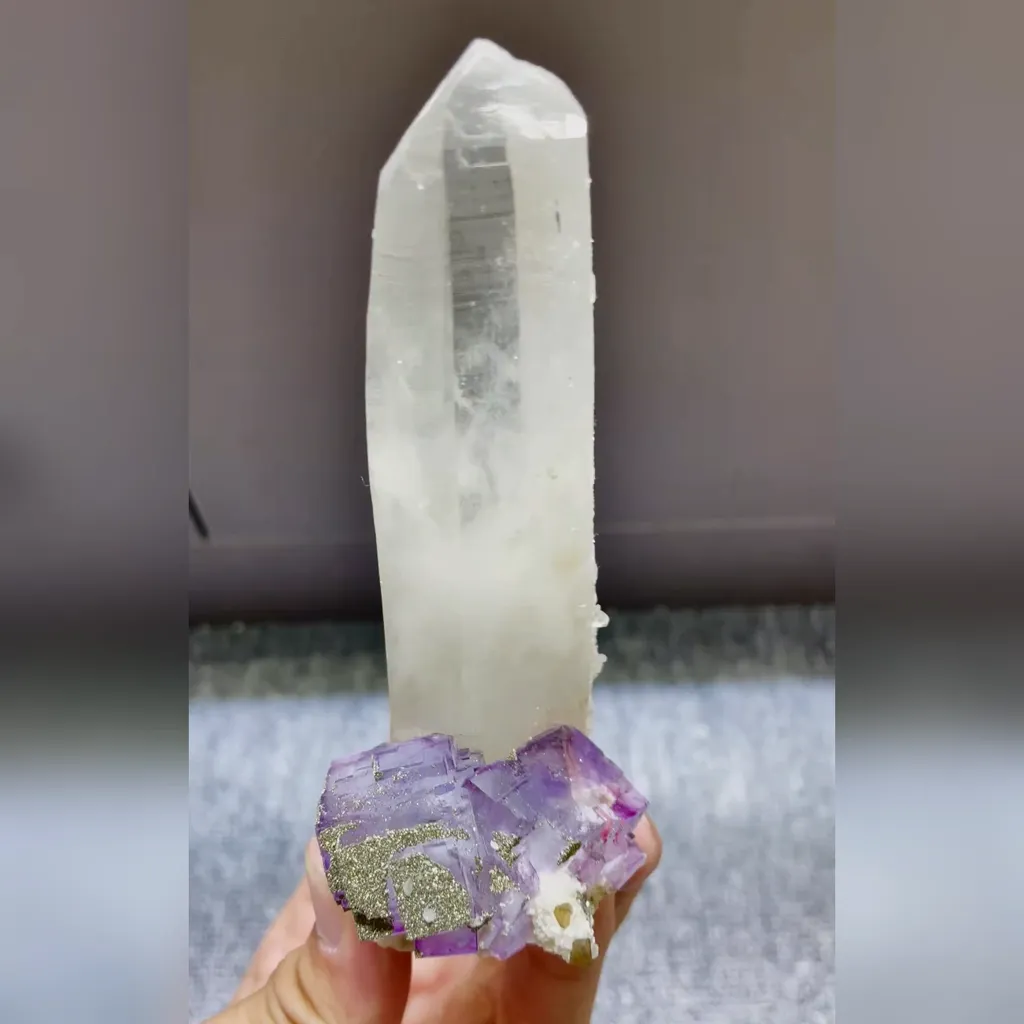 Natural Purple Fluorite and Pyrite and Clear Quartz Towers Symbiosis comes from Yaogangxian,Hunan 45*50*125MM image