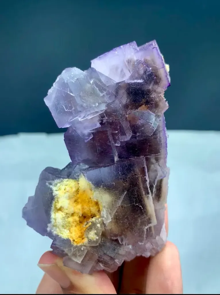 Natural Purple Fluorite Crystal Cluster with Yellow Calcite Inclusion - image 9