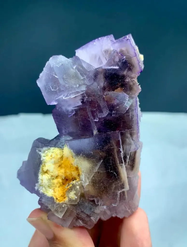 Natural Purple Fluorite Crystal Cluster with Yellow Calcite Inclusion image