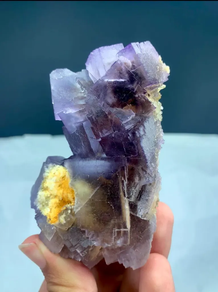 Natural Purple Fluorite Crystal Cluster with Yellow Calcite Inclusion - image 10