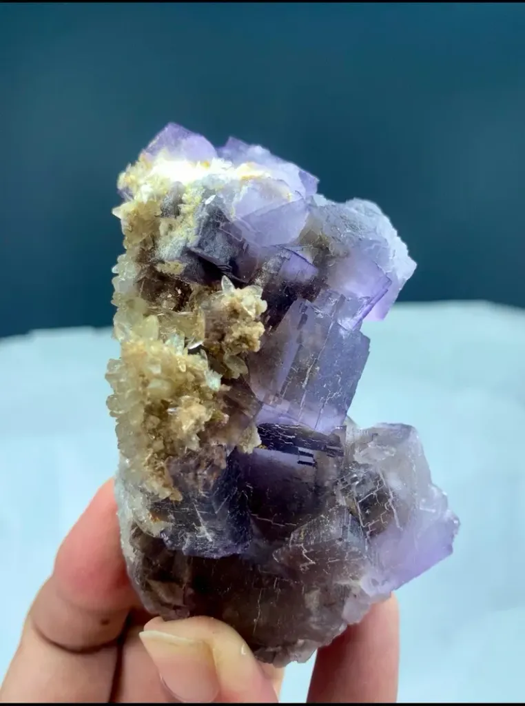 Natural Purple Fluorite Crystal Cluster with Yellow Calcite Inclusion - image 8
