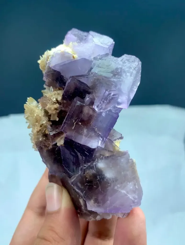 Natural Purple Fluorite Crystal Cluster with Yellow Calcite Inclusion - image 7