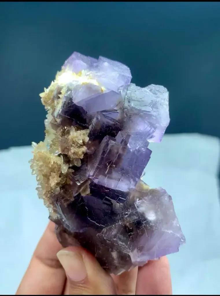 Natural Purple Fluorite Crystal Cluster with Yellow Calcite Inclusion - image 4