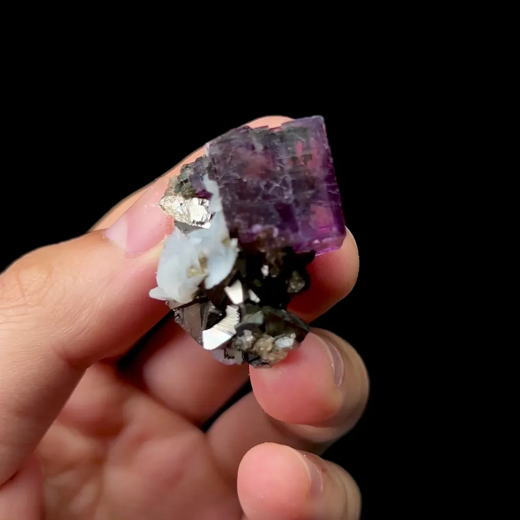 Natural Purple Fluorite with Pyrite and Flaky Calcite Mineral Specimen,High Quality Specimen,YAO GANG XIAN,HUNAN,CHINA(30*20*25mm) image