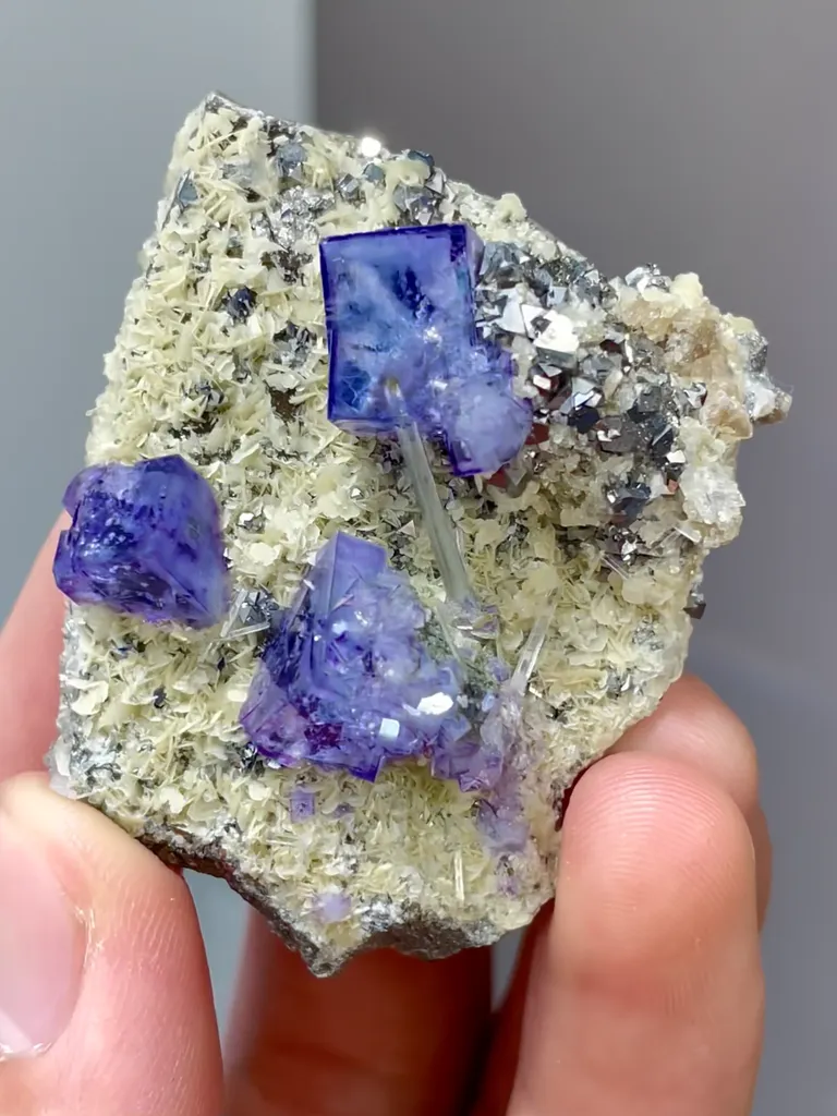 Natural Purple Phantom Fluorite coexists with Pyrite and Flaky Calcite comes from Yaogangxian,Hunan 45*30*25MM - image 3
