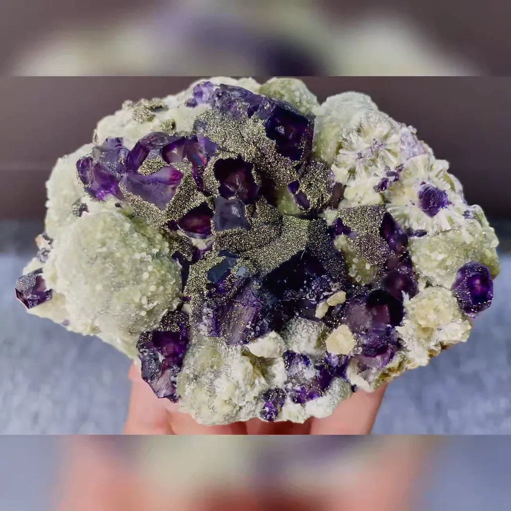 Natural Purple Phantom Fluorite with Pyrite and Mica Symbiosis comes from Yindu,Inner Mongolia 110*80*40MM image