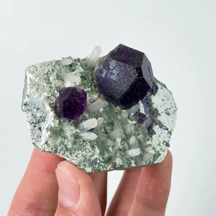 Natural Purple Polyhedral Fluorite with Pyrite and Quartz, Mineral Specimen: Yindu,Inner Mongolia (75*45*30MM) image