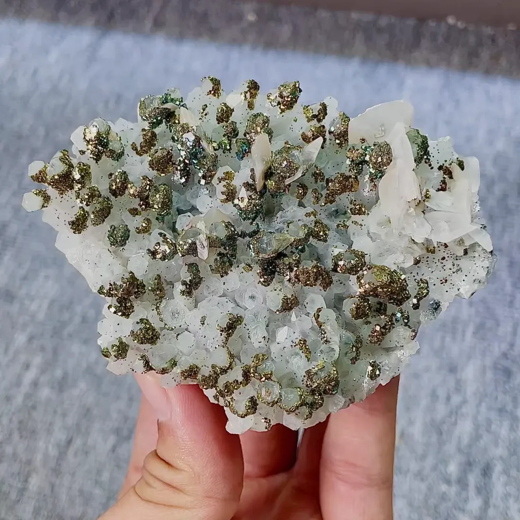 Natural Pyrite and Quartz Cluster with Calcite Symbiosis comes from Fujian,China 95*70*25MM image