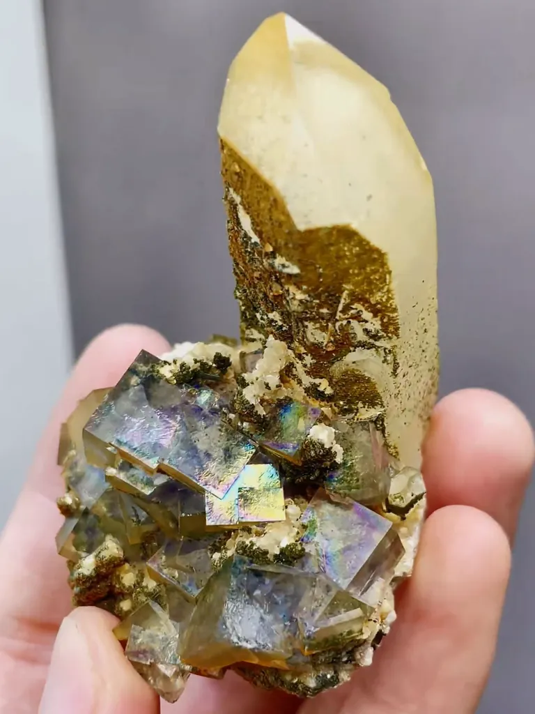 Natural Rainbow Fluorite and Crystal Tower coexist comes from Yaogangxian,Hunan 45*45*60MM - image 6