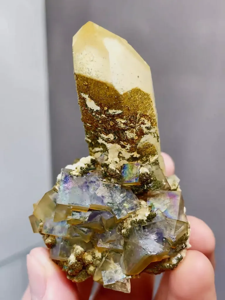 Natural Rainbow Fluorite and Crystal Tower coexist comes from Yaogangxian,Hunan 45*45*60MM - image 3