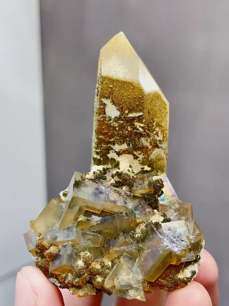 Natural Rainbow Fluorite and Crystal Tower coexist comes from Yaogangxian,Hunan 45*45*60MM image