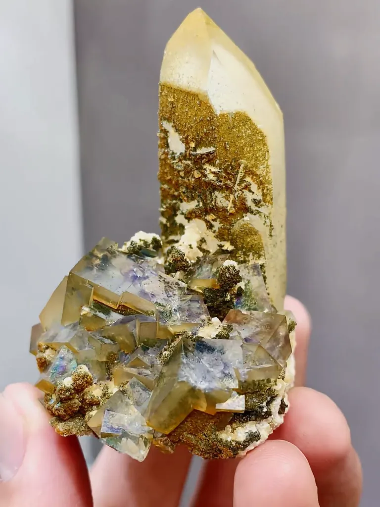 Natural Rainbow Fluorite and Crystal Tower coexist comes from Yaogangxian,Hunan 45*45*60MM - image 2