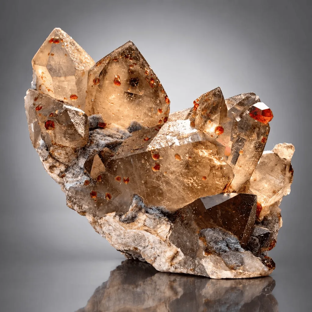 Natural Rare Red Spessartite Garnet Crystals on Somky Quartz Garnet with Matrix Specimen image