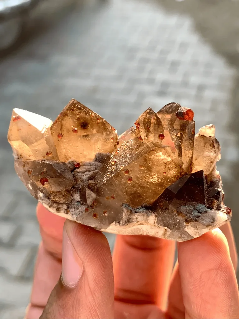 Natural Rare Red Spessartite Garnet Crystals on Somky Quartz Garnet with Matrix Specimen - image 6