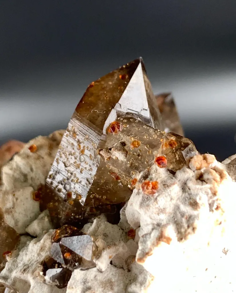 Natural Red Spessartine Garnet in Smoky Quartz on Albite Matrix from China - image 10