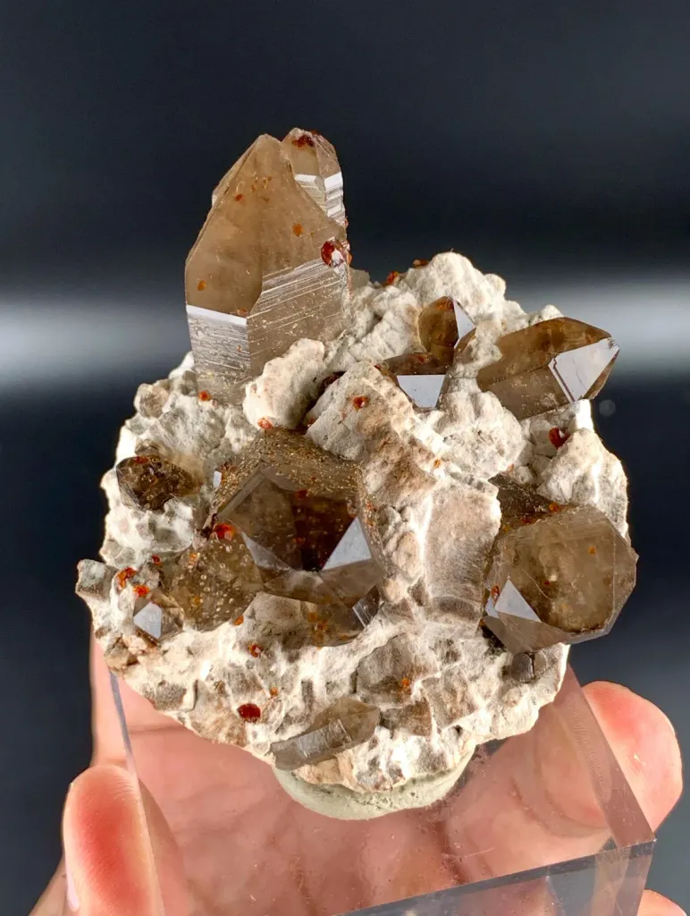 Natural Red Spessartine Garnet in Smoky Quartz on Albite Matrix from China - image 3