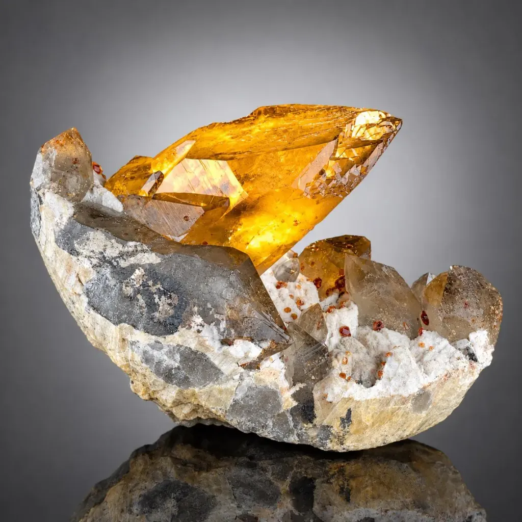 Natural Red Spessartine Garnet in Smoky Quartz on Albite Matrix from China - image 4