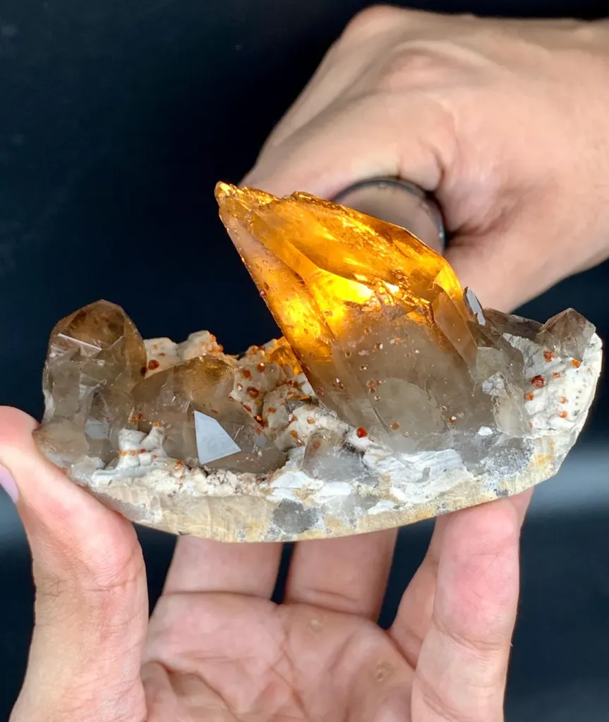 Natural Red Spessartine Garnet in Smoky Quartz on Albite Matrix from China - image 7
