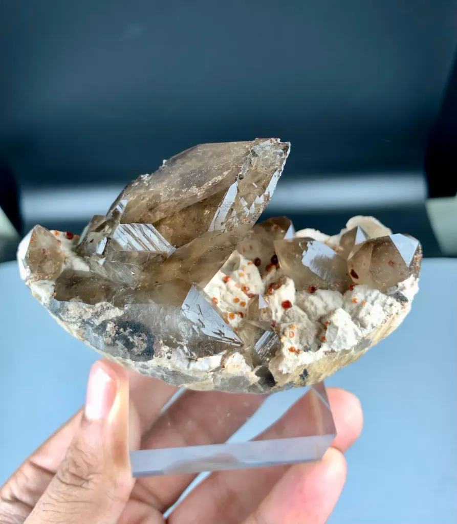 Natural Red Spessartine Garnet in Smoky Quartz on Albite Matrix from China - image 8